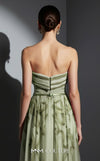 MNM Couture Style E0129 Delicate pink and olive printed silk strapless A-line gown with pleated bust and thin belt | Couture Shop LA.