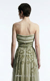 MNM Couture Style E0129 Delicate pink and olive printed silk strapless A-line gown with pleated bust and thin belt | Couture Shop LA.