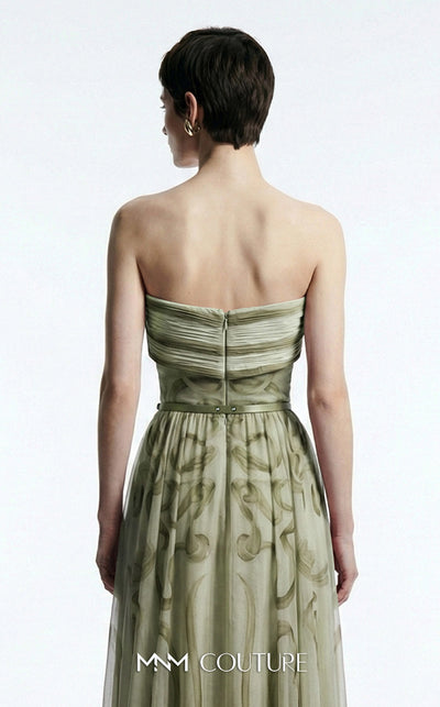 MNM Couture Style E0129 Delicate pink and olive printed silk strapless A-line gown with pleated bust and thin belt | Couture Shop LA.