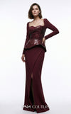 MNM Couture E0141 sequin and crepe column gown with asymmetric sequin wrap overlay, peplum, open scoop back, thin belt, and high left slit | Couture Shop LA.