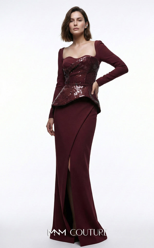MNM Couture E0141 sequin and crepe column gown with asymmetric sequin wrap overlay, peplum, open scoop back, thin belt, and high left slit | Couture Shop LA.