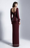 MNM Couture E0141 sequin and crepe column gown with asymmetric sequin wrap overlay, peplum, open scoop back, thin belt, and high left slit | Couture Shop LA.