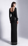 MNM Couture E0141 sequin and crepe column gown with asymmetric sequin wrap overlay, peplum, open scoop back, thin belt, and high left slit | Couture Shop LA.