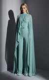 MNM Couture Style E0143 Fitted long chiffon evening outfit with pants, close high neck, and dramatic cape sleeves | Couture Shop LA.