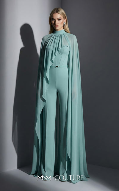 MNM Couture Style E0143 Fitted long chiffon evening outfit with pants, close high neck, and dramatic cape sleeves | Couture Shop LA.