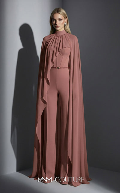 MNM Couture Style E0143 Fitted long chiffon evening outfit with pants, close high neck, and dramatic cape sleeves | Couture Shop LA.