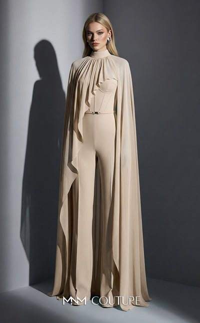 MNM Couture Style E0143 Fitted long chiffon evening outfit with pants, close high neck, and dramatic cape sleeves | Couture Shop LA.