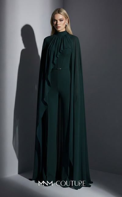 MNM Couture Style E0143 Fitted long chiffon evening outfit with pants, close high neck, and dramatic cape sleeves | Couture Shop LA.