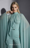 MNM Couture Style E0143 Fitted long chiffon evening outfit with pants, close high neck, and dramatic cape sleeves | Couture Shop LA.