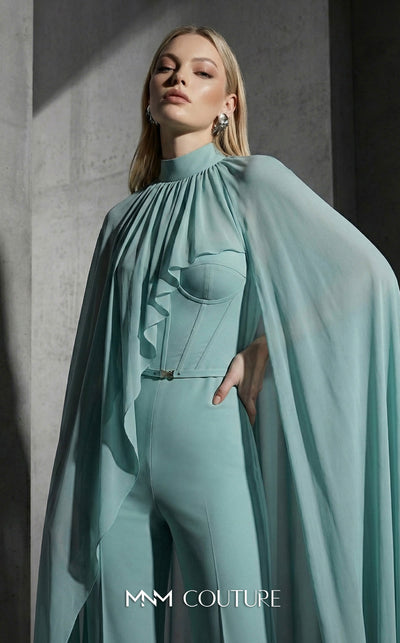 MNM Couture Style E0143 Fitted long chiffon evening outfit with pants, close high neck, and dramatic cape sleeves | Couture Shop LA.