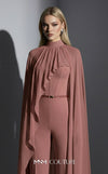 MNM Couture Style E0143 Fitted long chiffon evening outfit with pants, close high neck, and dramatic cape sleeves | Couture Shop LA.