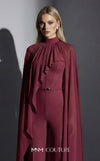 MNM Couture Style E0143 Fitted long chiffon evening outfit with pants, close high neck, and dramatic cape sleeves | Couture Shop LA.