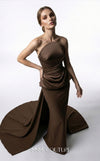 MNM Couture E0146 strapless draped satin mermaid gown with arched neckline, darted bust, illusion peplum, crisscross waist, and dramatic back train | Couture Shop LA.