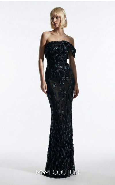 MNM Couture Style E0148Elegant long fitted mermaid gown featuring off-the-shoulder cap sleeves and straight neckline | Couture Shop LA.