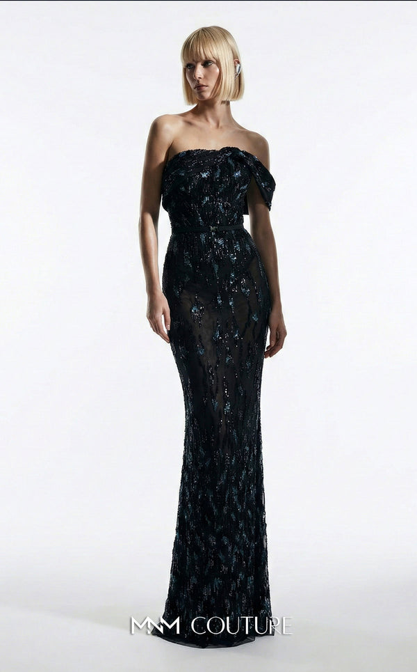 MNM Couture Style E0148  Elegant long fitted mermaid gown featuring off-the-shoulder cap sleeves and straight neckline | Couture Shop LA.