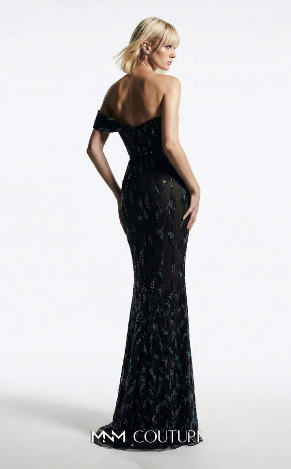 MNM Couture Style E0148  Elegant long fitted mermaid gown featuring off-the-shoulder cap sleeves and straight neckline | Couture Shop LA.