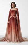 MNM Couture E0153 Long ethereal chiffon A-line dress with strapless empire bodice and dramatic cape sleeves | Couture Shop LA.