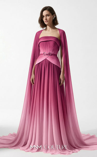 MNM Couture E0153 Long ethereal chiffon A-line dress with strapless empire bodice and dramatic cape sleeves | Couture Shop LA.