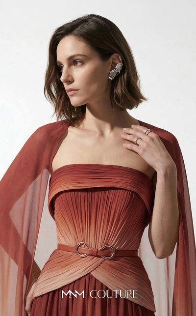 MNM Couture E0153 Long ethereal chiffon A-line dress with strapless empire bodice and dramatic cape sleeves | Couture Shop LA.