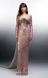 MNM Couture Style E0157 Glamorous long straight-fitted sequin gown with long sleeves and an asymmetrical design | Couture Shop LA.