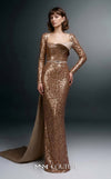 MNM Couture Style E0157 Glamorous long straight-fitted sequin gown with long sleeves and an asymmetrical design | Couture Shop LA.