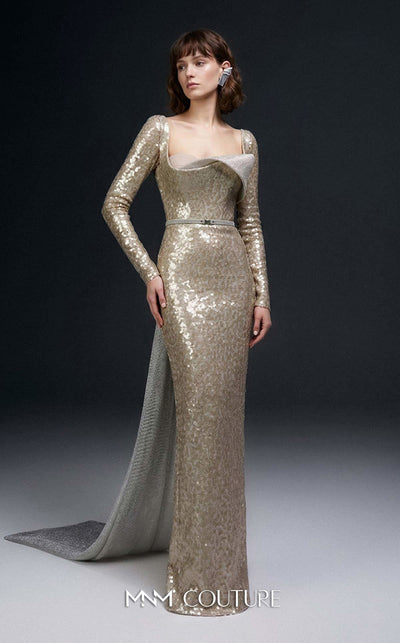 MNM Couture Style E0157 Glamorous long straight-fitted sequin gown with long sleeves and an asymmetrical design | Couture Shop LA.