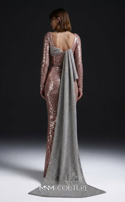 MNM Couture Style E0157 Glamorous long straight-fitted sequin gown with long sleeves and an asymmetrical design | Couture Shop LA.