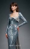 MNM Couture Style E0157 Glamorous long straight-fitted sequin gown with long sleeves and an asymmetrical design | Couture Shop LA.