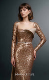 MNM Couture Style E0157 Glamorous long straight-fitted sequin gown with long sleeves and an asymmetrical design | Couture Shop LA.
