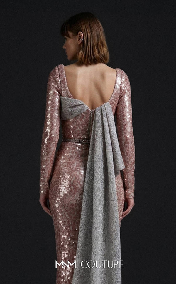 MNM Couture Style E0157 Glamorous long straight-fitted sequin gown with long sleeves and an asymmetrical design | Couture Shop LA.