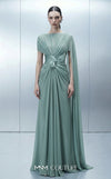 MNM Couture E0160 satin and chiffon draped column gown with asymmetric dual sleeves, satin knot waist, cape sleeve, and back fan-pleat detail | Couture Shop LA.
