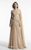 MNM Couture E0160 satin and chiffon draped column gown with asymmetric dual sleeves, satin knot waist, cape sleeve, and back fan-pleat detail | Couture Shop LA.