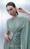 MNM Couture E0160 satin and chiffon draped column gown with asymmetric dual sleeves, satin knot waist, cape sleeve, and back fan-pleat detail | Couture Shop LA.