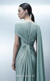 MNM Couture E0160 satin and chiffon draped column gown with asymmetric dual sleeves, satin knot waist, cape sleeve, and back fan-pleat detail | Couture Shop LA.