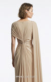 MNM Couture E0160 satin and chiffon draped column gown with asymmetric dual sleeves, satin knot waist, cape sleeve, and back fan-pleat detail | Couture Shop LA.
