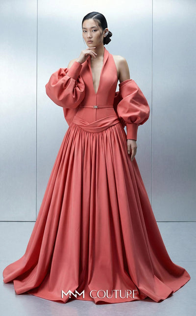 Long crepe and taffeta empire ball gown with deep V-neck halter and removable cape for MNM Couture Style E0163 | Couture Shop LA.