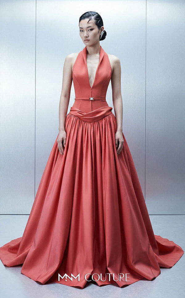 Long crepe and taffeta empire ball gown with deep V-neck halter and removable cape for MNM Couture Style E0163 | Couture Shop LA.
