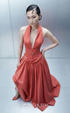 Long crepe and taffeta empire ball gown with deep V-neck halter and removable cape for MNM Couture Style E0163 | Couture Shop LA.