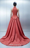 Long crepe and taffeta empire ball gown with deep V-neck halter and removable cape for MNM Couture Style E0163 | Couture Shop LA.