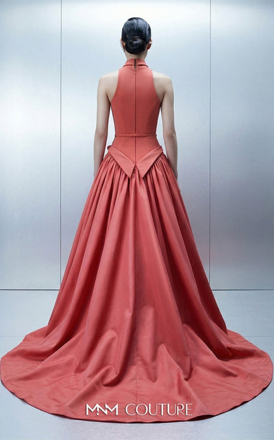 Long crepe and taffeta empire ball gown with deep V-neck halter and removable cape for MNM Couture Style E0163 | Couture Shop LA.