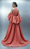 Long crepe and taffeta empire ball gown with deep V-neck halter and removable cape for MNM Couture Style E0163 | Couture Shop LA.