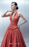 Long crepe and taffeta empire ball gown with deep V-neck halter and removable cape for MNM Couture Style E0163 | Couture Shop LA.