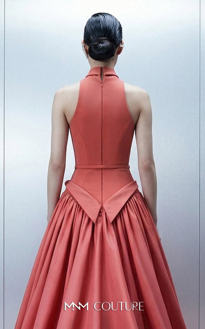 Long crepe and taffeta empire ball gown with deep V-neck halter and removable cape for MNM Couture Style E0163 | Couture Shop LA.