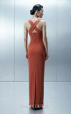 Long straight fitted crepe evening gown with an asymmetrical design and removable cape showcasing MNM Couture Style E0164 | Couture Shop LA.