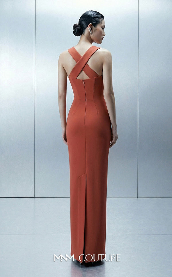 Long straight fitted crepe evening gown with an asymmetrical design and removable cape showcasing MNM Couture Style E0164 | Couture Shop LA.