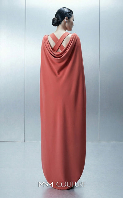 Long straight fitted crepe evening gown with an asymmetrical design and removable cape showcasing MNM Couture Style E0164 | Couture Shop LA.