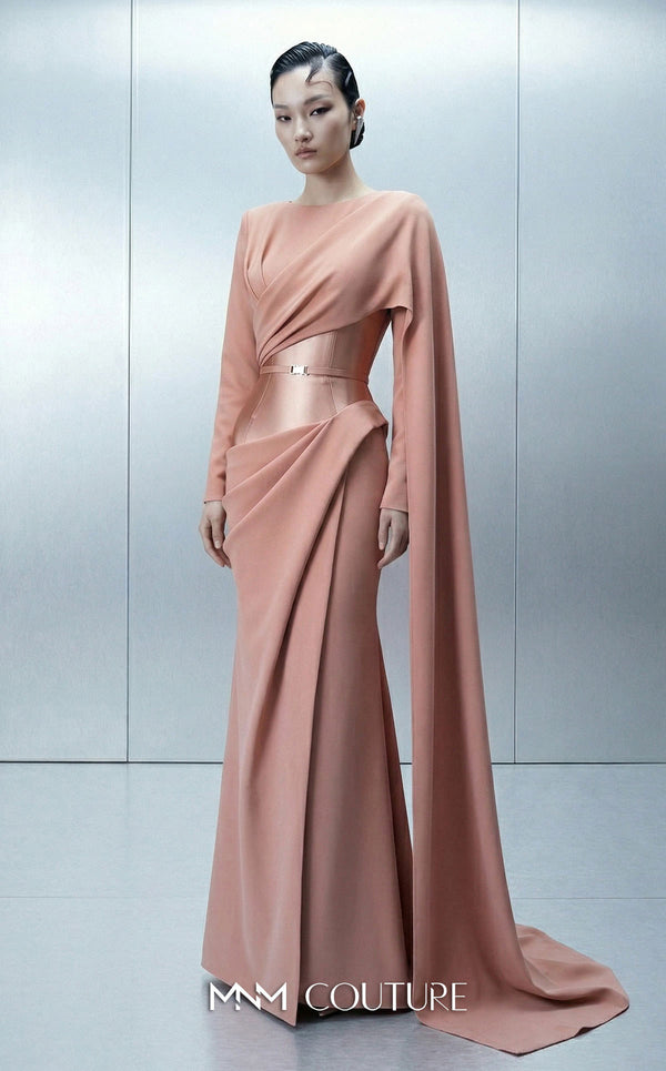 Long fitted crepe gown featuring a close neck, asymmetrical bodice, and one long sleeve highlighting MNM Couture Style E0166 | Couture Shop LA.