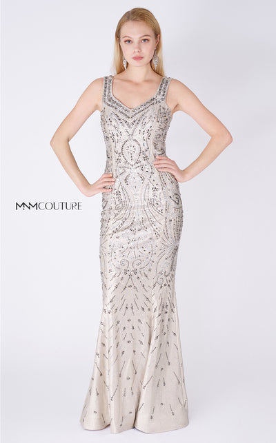 MNM Couture F00301 sleeveless gown with rhinestone embellishments, vertical pleats, and beaded neckline. | Couture Shop LA
