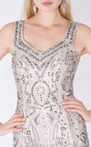 MNM Couture F00301 sleeveless gown with rhinestone embellishments, vertical pleats, and beaded neckline. | Couture Shop LA