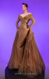 MNM Couture F02800: Off-shoulder crepe & organza gown, long sleeves, tassels, draped bust, Roman skirt, plisse tail. | Couture Shop LA